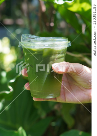 ice matcha green tea in a plastic cup, on nature background, drink, japan , fashion, object, copy space ice matcha green tea in a plastic cup, on nature background, drink, japan , fashion, object, copy space 120391189