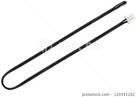 Temperature sensor with insulated wire and connector, white background Temperature sensor with insulated wire and connector, white background 120391282