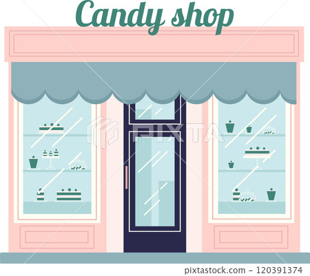 Stylish pink candy shop showcasing a variety of tempting cakes and pastries in its window display, inviting customers to indulge in sweet treats 120391374