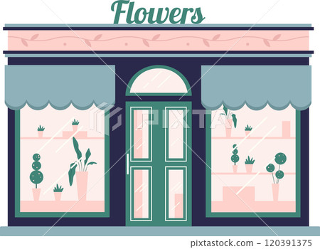 Flower shop facade with potted plants and flowers displayed in windows, featuring a green door and awning, inviting customers to explore the floral offerings 120391375