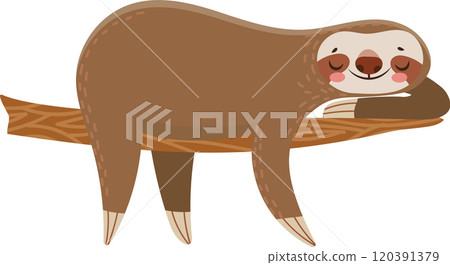 Adorable cartoon sloth sleeping peacefully on a tree branch, enjoying a relaxing moment in nature, perfect for childrens books or nature themed projects 120391379