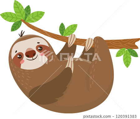 Adorable cartoon sloth hangs upside down from a tree branch in the rainforest, smiling happily among green leaves and brown branches. Perfect for childrens education and playful imagination 120391383