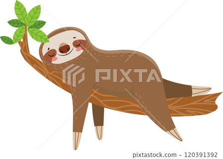 Cartoon illustration of a happy sloth napping on a tree branch, enjoying the tranquility of its natural habitat, conveying a sense of peace and relaxation 120391392