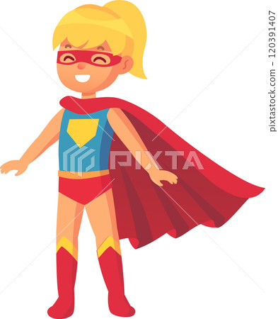 Cute little girl wearing superhero costume with red cape and mask standing with open arms, happy kid playing and dreaming of becoming super hero Cute little girl wearing superhero costume with red cape and mask standing with open arms, happy kid playing and dreaming of becoming super hero 120391407