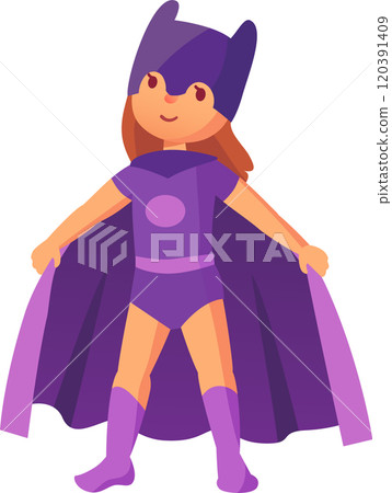 Happy child wearing a purple superhero costume with cape and mask is standing with open arms, showing confidence and readiness for heroic adventures Happy child wearing a purple superhero costume with cape and mask is standing with open arms, showing confidence and readiness for heroic adventures 120391409