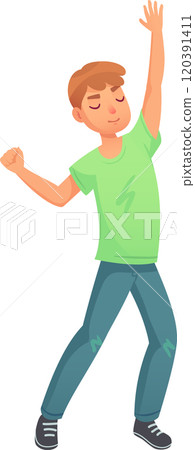 Happy young man wearing casual clothes dancing with eyes closed and one arm raised, enjoying music and expressing positive emotions through movement 120391411