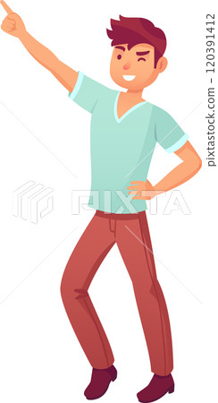 Cheerful young man pointing his index finger at something interesting and winking happily, expressing confidence and enthusiasm 120391412