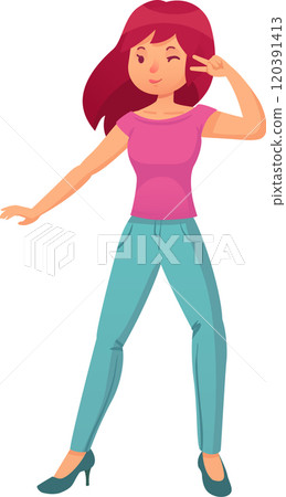 Vibrant illustration of a cheerful woman with pink hair winking and showing the peace sign, radiating confidence and playfulness on a white background 120391413