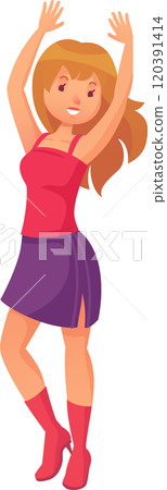 Cheerful young woman wearing a red top, purple skirt and red boots, dancing with her arms raised, enjoying music and expressing positive emotions 120391414