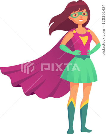 Powerful female superhero standing confidently with hands on her hips, her cape waving in the wind, embodying strength, courage, and heroism 120391424