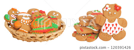 christmas gingerbread cookie in a wicker basket isolated on white background christmas gingerbread cookie in a wicker basket isolated on white background 120391426