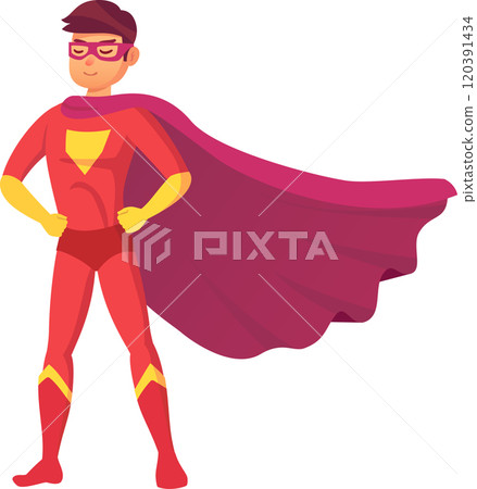 Confident superhero standing with hands on hips, wearing a vibrant costume and a flowing cape, embodying strength, courage, and readiness to face any challenge 120391434