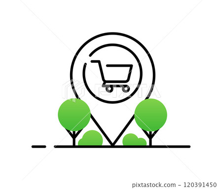 Location Marker Icon with Trees and Bushes, Black Line Art with Green Accent in a vector Location Marker Icon with Trees and Bushes, Black Line Art with Green Accent in a vector 120391450