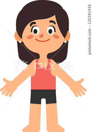 Full length illustration of a smiling girl showing open hands, wearing an undershirt and shorts, isolated on a white background, depicting concepts of welcoming, openness, and friendliness Full length illustration of a smiling girl showing open hands, wearing an undershirt and shorts, isolated on a white background, depicting concepts of welcoming, openness, and friendliness 120391456