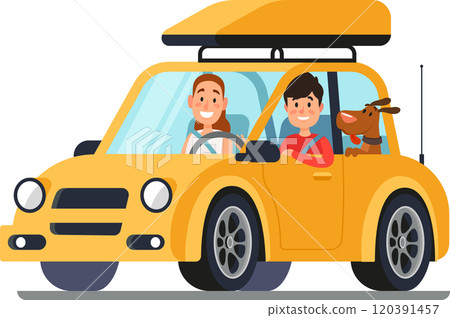 Happy tourists couple driving a yellow car with luggage on the roof and their dog looking out the window, enjoying their road trip adventure Happy tourists couple driving a yellow car with luggage on the roof and their dog looking out the window, enjoying their road trip adventure 120391457