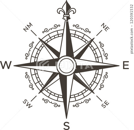 Compass rose with fleur de lis symbol pointing north, showing the four cardinal directions and intercardinal directions over white background, ideal for travel and navigation concepts 120391532