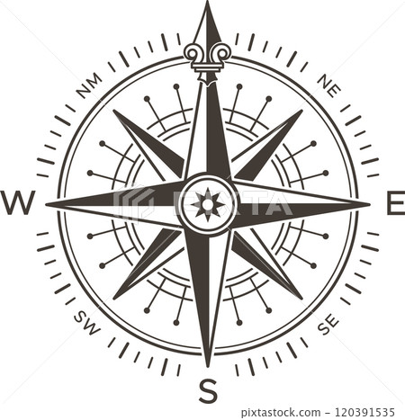 Wind rose showing north, south, east and west cardinal directions, including intermediate directions, helping sailors and navigators finding their way across oceans and lands 120391535