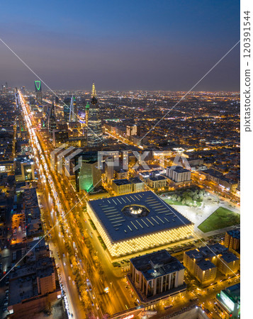 King Fahad National Library. Riyadh. Drone shot flying. Evening. King Fahad National Library. Riyadh. Drone shot flying. Evening. 120391544