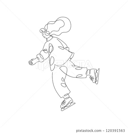 Skating young woman, vector line art illustration 120391563