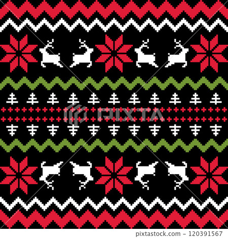 Christmas Sweater Pattern Design Seamless Pixel Art background. Xmas style Rows of Reindeer, Snowflakes, Stars, Holly Berries, and trees on a black Background, with Red, Blue and green knit details Christmas Sweater Pattern Design Seamless Pixel Art background. Xmas style Rows of Reindeer, Snowflakes, Stars, Holly Berries, and trees on a black Background, with Red, Blue and green knit details 120391567