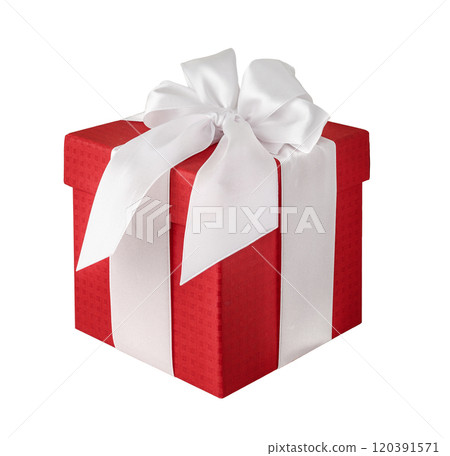 Red Gift box with white bow on a white background. 120391571