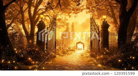 Magical glowing path through illuminated forest gate 120391599