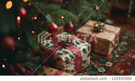 Christmas gifts under decorated tree with ornaments Christmas gifts under decorated tree with ornaments 120391600