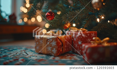 Christmas presents with gold bows under decorated tree 120391603