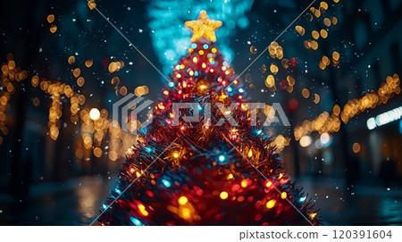 Colorful Christmas tree with lights in snowy street 120391604