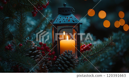 Christmas lantern with candle and festive decor Christmas lantern with candle and festive decor 120391663