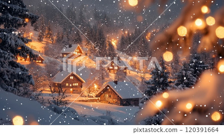 Cozy mountain village in winter snowfall Cozy mountain village in winter snowfall 120391664