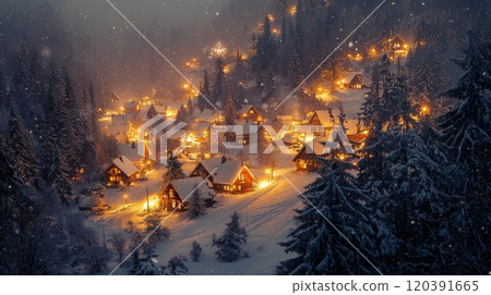 Snowy mountain village illuminated by warm lights Snowy mountain village illuminated by warm lights 120391665
