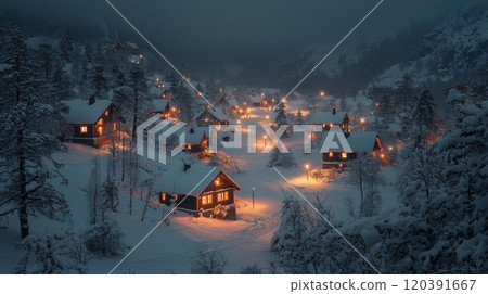 Snowy mountain village illuminated by warm lights 120391667