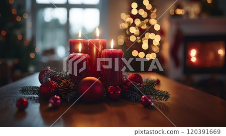 Festive Christmas candles with cozy holiday decor 120391669