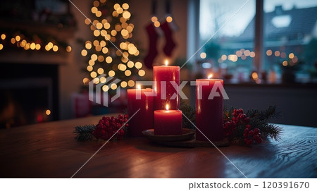 Cozy Christmas candles with festive background 120391670