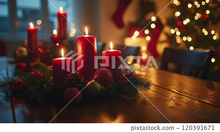 Festive red candles with Christmas decorations 120391671