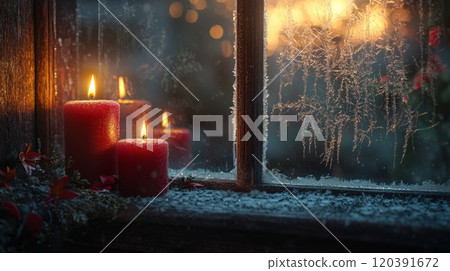 Red candles by frosted window at dusk 120391672