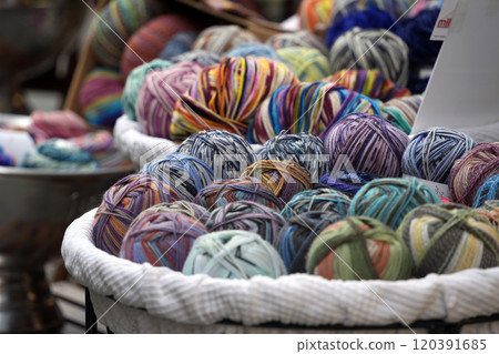 colorful wool balls yarn detail 120391685