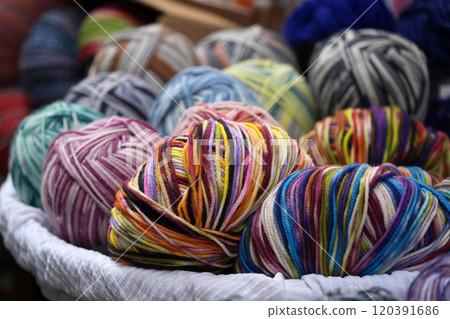 colorful wool balls yarn detail 120391686