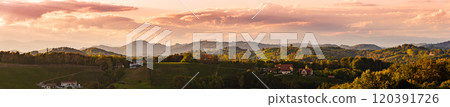 Panorama of Vineyards along the South Styrian Wine Road in Summer, Austria Europe Panorama of Vineyards along the South Styrian Wine Road in Summer, Austria Europe 120391726