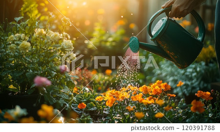 Watering colorful flowers in a sunny garden 120391788