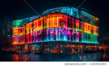 Colorful glass building illuminated at night 120391803