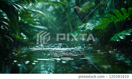 Rainfall in lush tropical jungle setting 120391810