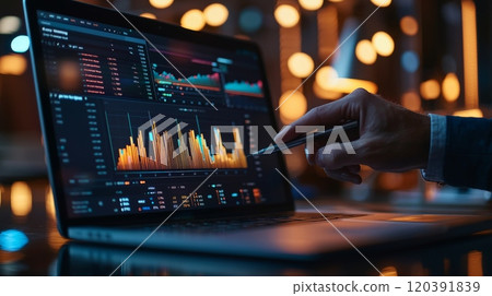 Analyzing financial data on laptop screen 120391839