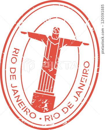 Oval red stamp featuring christ the redeemer with outstretched arms, a prominent landmark in rio de janeiro, brazil, evoking travel and tourism 120391885