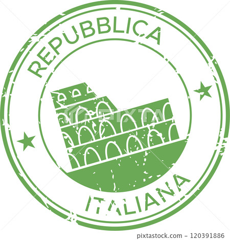 Green stamp representing the italian republic, featuring the iconic colosseum and grunge texture, evokes a sense of travel and history 120391886