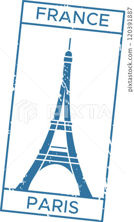 Blue ink stamp featuring eiffel tower marking arrival in paris, france, symbolizing tourism, travel, and french culture 120391887