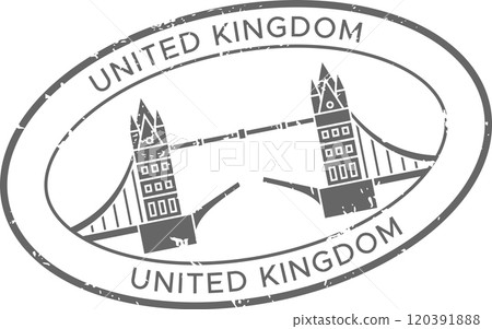 Grey oval passport stamp from the uk featuring tower bridge, perfect for travel designs evoking vacation vibes 120391888