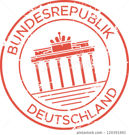 Red ink grunge rubber stamp depicting brandenburg gate, a famous landmark in berlin, germany, symbolizing travel, tourism, and german culture 120391891