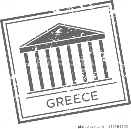Distressed gray ink stamp featuring greek architecture, symbolizing history and culture. Captures ancient landmarks, inviting exploration and wanderlust 120391893